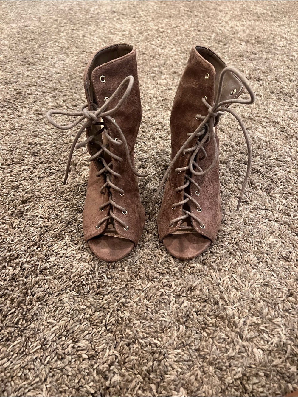 Liliana Brown Suede Lace-Up Peep Toe Booties